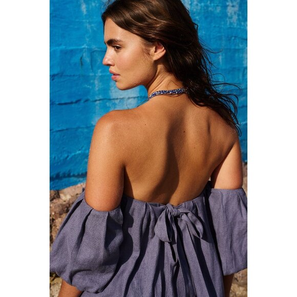 Free People Julietta Off Shoulder Maxi Dress S Blue Granite Linen Puff Sleeve - Picture 3 of 16